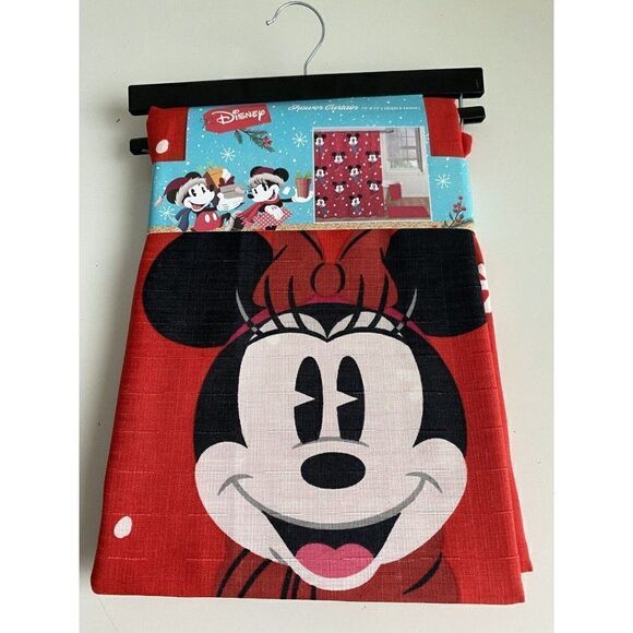 Disney’s Mickey And Minnie Mouse Christmas Red Fabric Shower Curtain 72x72” NEW - Picture 1 of 11